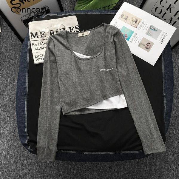 

2021 new spring autumn t-shirt women's fashion casual fake two-piece long-sleeved t-shirt female korean short, White