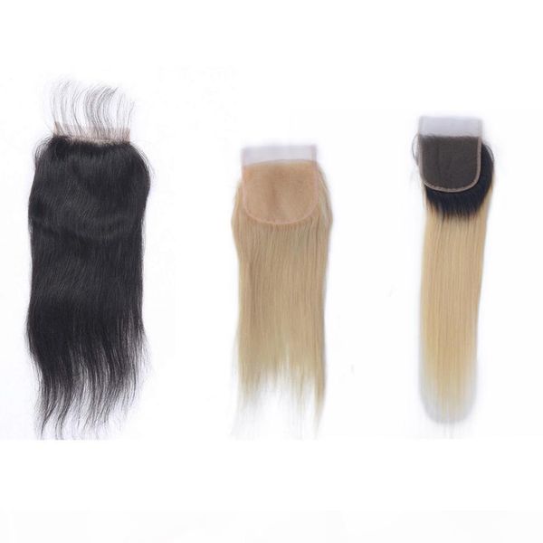 

blonde #613 brazilian straight human hair closure 4x4 middle three part lace closure 1b 613 natural color, Black;brown