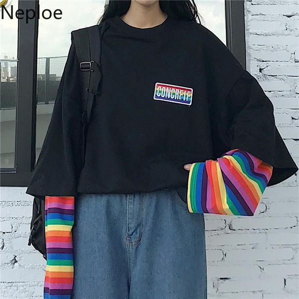 

neploe korean harajuku patchwork t shirts fake two pieces rainbow striped long sleeve casual t-shirt o-neck women tees 552521, White