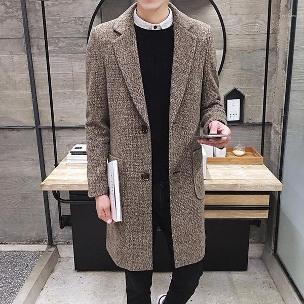 

winter autumn and men's windbreaker solid color lapel long woolen coat, fashion slim british men's windbreaker jacket1, Tan;black