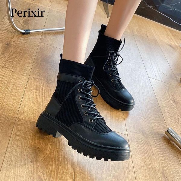 

boots perixir ankle women genuine leather autumn round toe lace-up thick bottom black cool girl booties spring and 20211