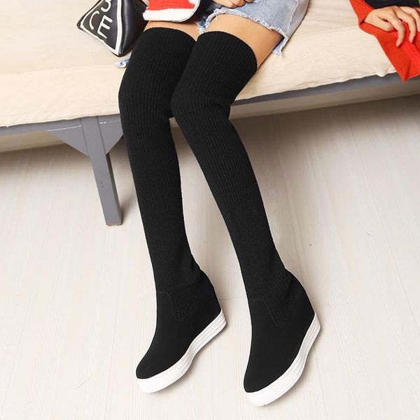 

women winter warm sock boot elastic wool over the knee boots female long boot wedge heels ladies slim three ways shoe1, Black