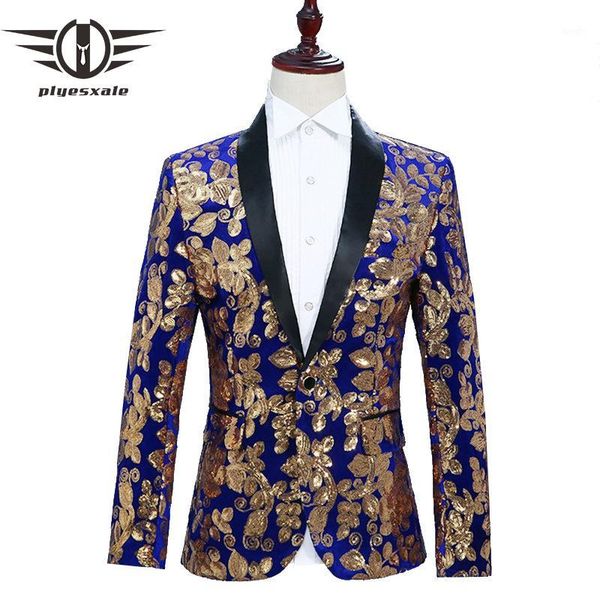 

plyesxale floral blazer men slim fit mens sequin jacket singer dj party stage blazers prom wear black royal blue red grey q2861, White;black