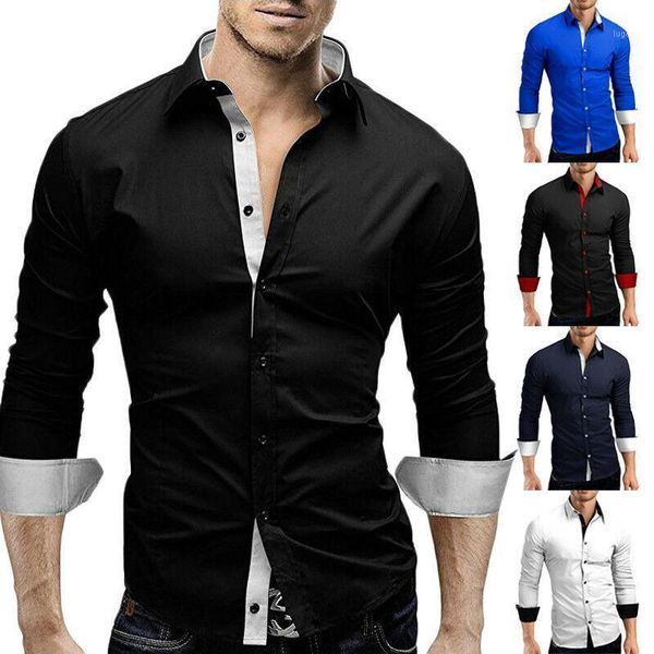 

fashion men's luxury long sleeve turn-down collar shirt smart casual slim fit plaid shirts white black royal blue1