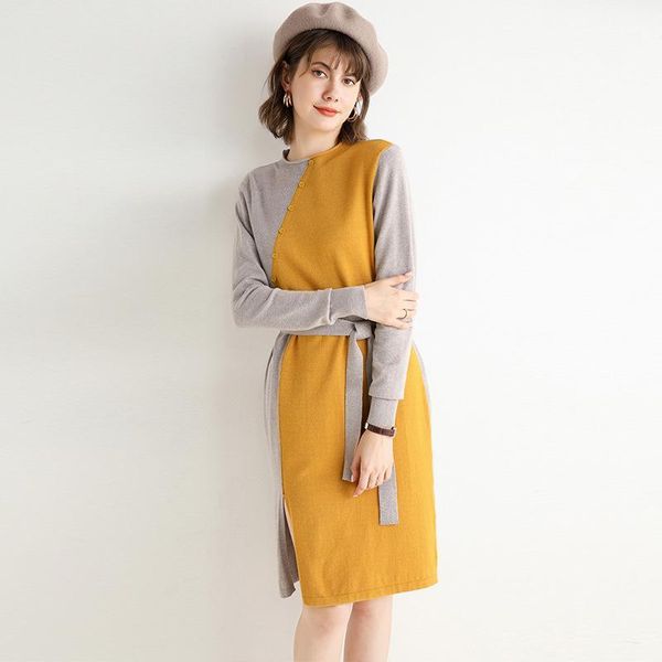 

women's dress autumn knee-length color block mock-neck sweater dress lace up with belt color panel gathered-waist female1, Black;gray