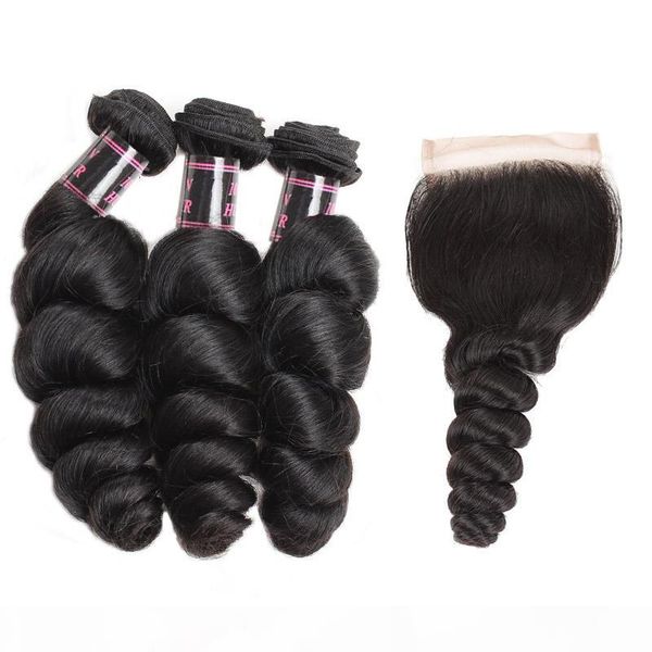 

brazilian loose & waterwave human hair bundles with closure peruvian human hair with closure unprocessed virgin hair weaves wholesale, Black
