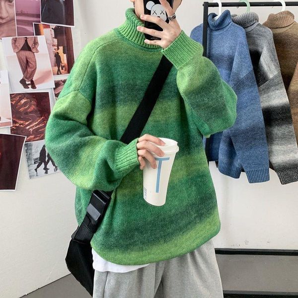 

winter thick turtleneck sweater men's warm fashion retro gradient color pullover men loose korean knitting sweaters mens clothes1, White;black