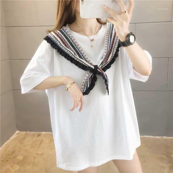 

zoki harajuku women t shirt summer pure cotton print bow loose plus size tees half sleeve vintage o neck female long 20201, White