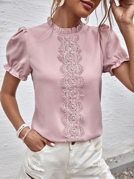 

contrast lace mock neck blouse v8uu#, White