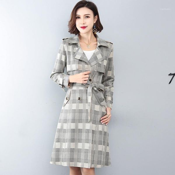 

2019 autumn women trench coat long sleeve causal plaid windbreaker female double-breasted patchwork korean fashion outerwear 9721, Tan;black