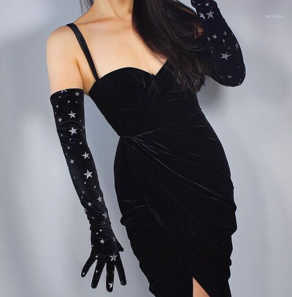 

women' elegant elastic star print velvet long gloves female black color pleuche party driving glove 60cm r23231, Blue;gray