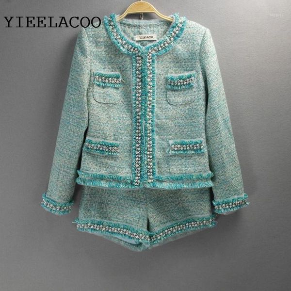 

green tweed jacket + shorts suit heavy beading 2020 spring / autumn / winter new women short paragraph long-sleeved emerald suit1, Gray