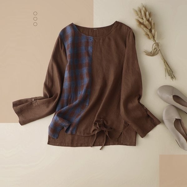 

163 autumn linen patchwork plaid women's long sleeve round neck drawstring bottomed shirt and linent-shirt cotton linencotton hemp w, White