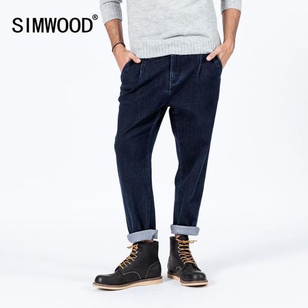 

simwood spring winter new loose taperd jeans men ankle-length thick denim trousers plus size warm jeans si9806871, Blue