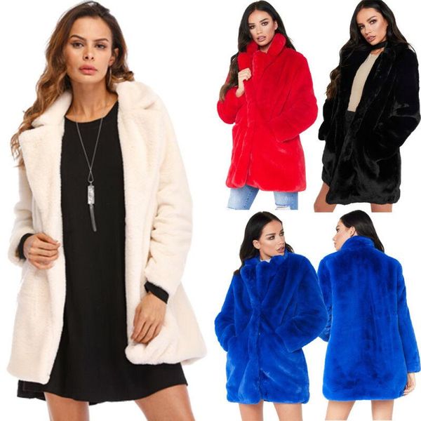 

women's wool & blends 2021 warm winter womens coat fashion faux fur parka solid color pocket turn-down collar long hooded outwear overc, Black