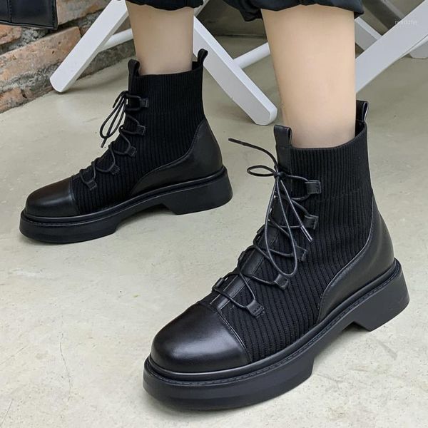 

boots women round toe square heels ankle lace-up autumn fashion cross-tied daily black white booties 20211