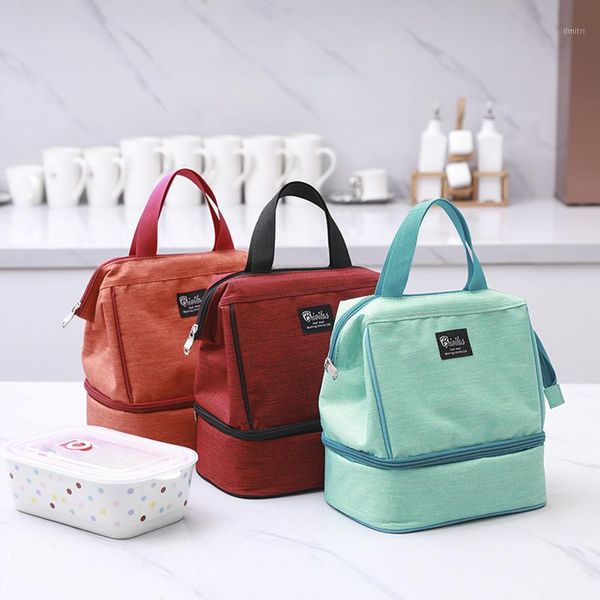 

portable lunch bag waterproof thermo double deck picnic bag women girl thermal insulated bento handbag1, Blue;pink