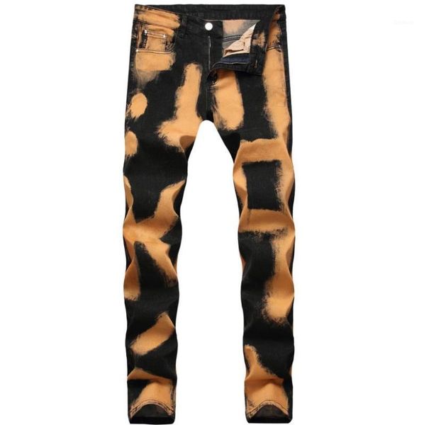 

yellow black men's colorful print straight jeans male fashion colored painting stretch cotton denim pants h18331, Blue
