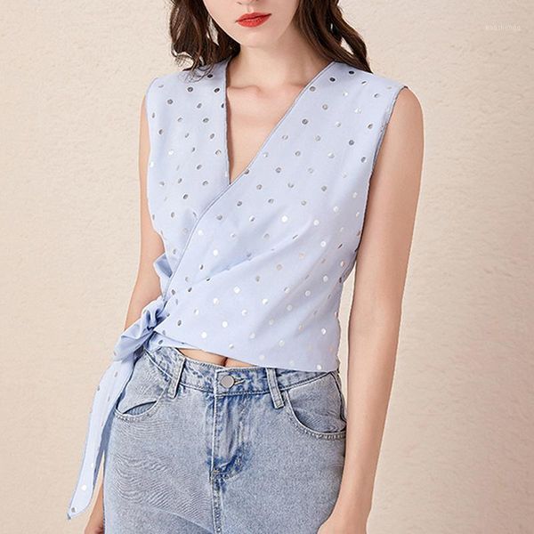 

women casual dot printed blouse elegant sleeveless shirts fashion summer blouse v-neck bowknot blusa streetwear1, White