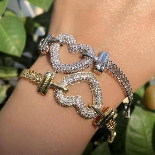 

charm bracelets fashion big hollow love heart shape bracelet for women gold&silver color chain zircon bohemian jewelry ladies bangle gifts, Golden;silver