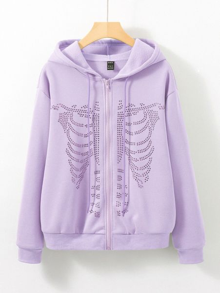 

rhinestone skeleton pattern drawstring thermal hoodie q5hz#, White;black