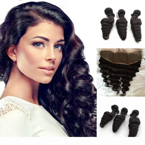 

brazilian virgin hair loose wave 13"*4" lace closure with 3 bundles unprocessed human remy hair extension, Black
