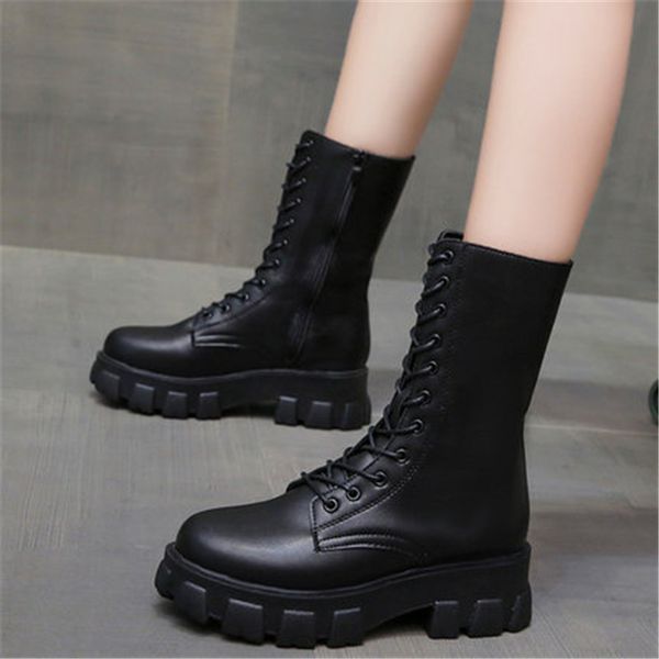 

new winter 2021 mid-calf calf boots bow-up toe-round hoof five in high heels women's shoes black female pumps tfec