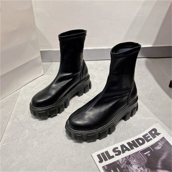 

new beige-on 2021 black slippage elastic opening short toe round the women's boots thick shoes by5d