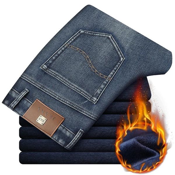 

men's jeans 2021 fashion casual denim stretch cotton thick fleece winter warm business jeansdenim pants male brand trousers, Blue