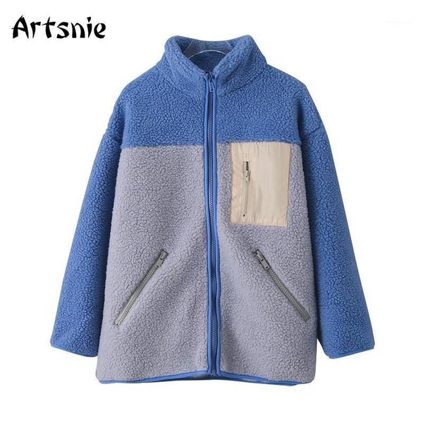 

artsnie winter fleece patchwork coats women turtleneck long sleeve oversized jackets streetwear zipper warm blue coats chaqueta1, Black;brown
