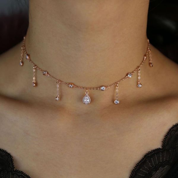 

2020 trendy fine pink color short necklace girls bezel cz station necklace simulated yard tear drop layer choker necklaces, Golden;silver