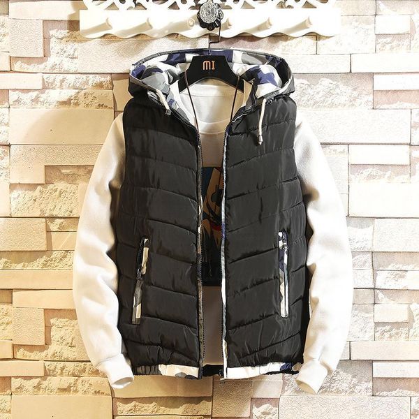 

fashion sleeveless jacket mens thickening cotton vest hat hooded warm vest winter male waistcoats men casual windbreakers xxxl, Black;white