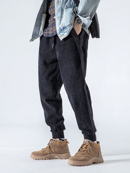 

men solid drawstring waist corduroy pants r8tg#, Black