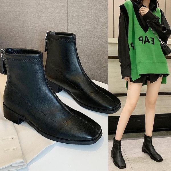 

winter autumn warm women ankle boots square high heels leather boots pointed martin casual shoes woman zipper ladies, Black