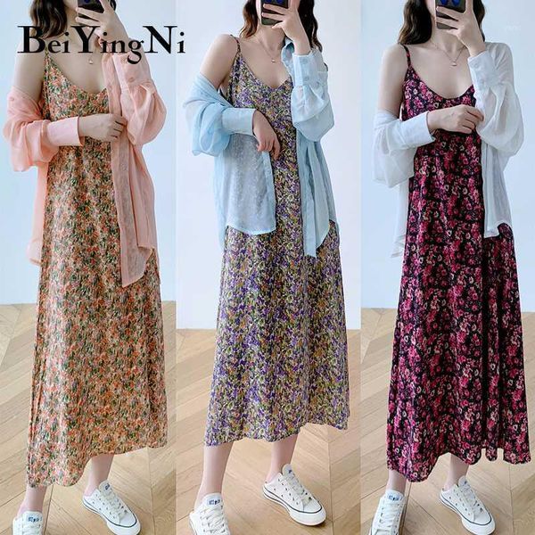 

beiyingni vintage woman dress casual loose plus size romance floral print long dress korean style robe femme clothing1, Black;gray
