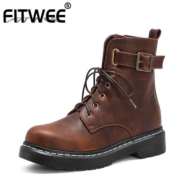 

fitwee women ankle boots fashion buckle zipper winter shoes woman cross strap flats short boot office lady footwear size 33-43, Black