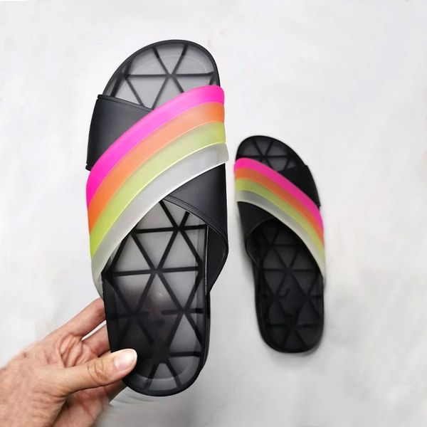 

summer pvc women slides fanshin indoor outside slippers shoes fashion rainbow cross jelly shoes non-slip flat women's slippers #uv0h, Black
