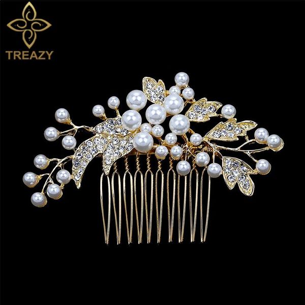 

hair clips & barrettes treazy fashion gold color crystal pearls floral combs for women wedding bride headpiece bridal jewelry accessories, Golden;silver