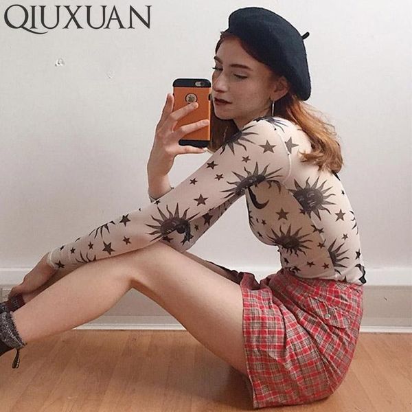 

qiuxuan spring women new fashion sun moon print club party t-shirts mesh see-through round neck long sleeve print crop 1, White