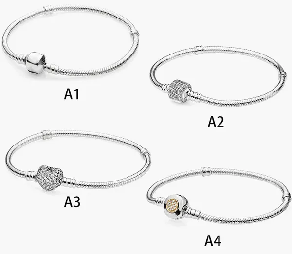 Gioielleria raffinata Autentico braccialetti con ciondoli Pandora in argento sterling 925 con perline Bracciale con diamanti pieni Bracciale con catena di osso di serpente Ciondolo con catena di sicurezza di base Perline fai-da-te