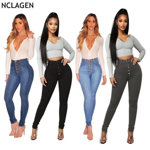 

women's jeans nclagen single breasted high waist bulifting lady fitness elastic workout denim pants women washed omighty trousers1, Blue