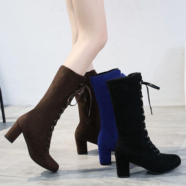

fashion women warm boots square heels shoes lace-up casual long booties shoes winter female snow boots large size 35-43, Black