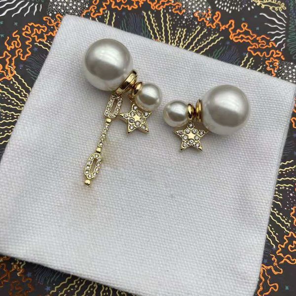 

brand luxury pearl double sided gold stud earrings wedding jewelry prevent allergy letters link star crystal ear rings box packing, Golden;silver