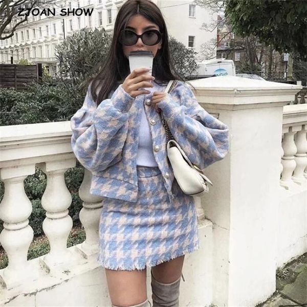

vintage sweet women pearl button check gingham plaid blazer high waist a line mini short skirts long sleeve suits 2 pieces set c1103, Gray