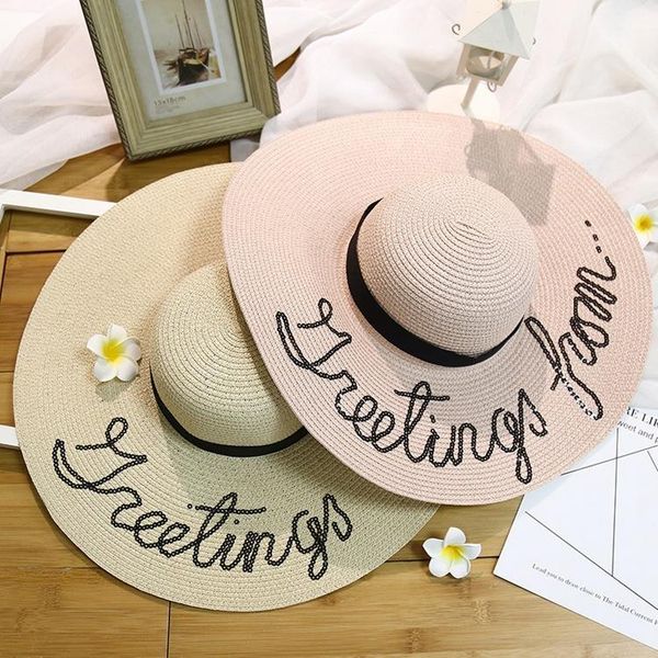 

sequined summer hat new women sun hat letter straw beach holiday dome big brim hat1, Blue;gray