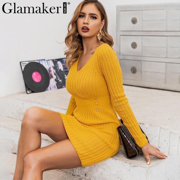 

glamaker knitted v neck sweater dress women elegant mini autumn dress 2020 party club long sleeve bodycon ladies1, Black;gray
