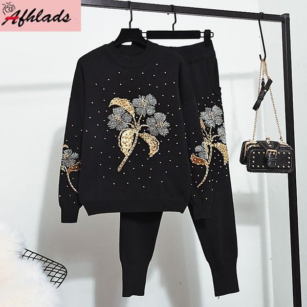 

autumn and flower embroidery beading fashion black knitted two-piece sets sweater + pants two-piece sets female1, Gray