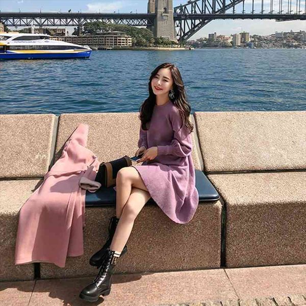 

spring korea dresses women knitting oversize autumn lantern sleeve fashion mini sweater vestidos, Black;gray