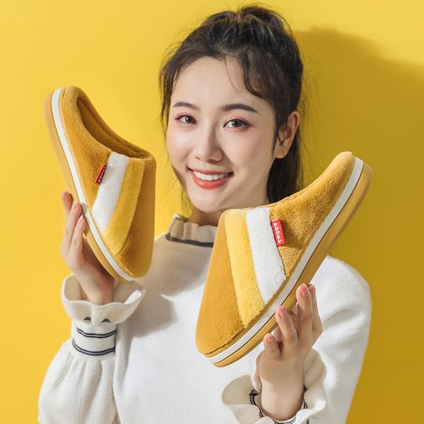 

male and female couple warm cotton shoes patchwork winter indoor casual plush slippers non-slip women soft slipper shoes, Black