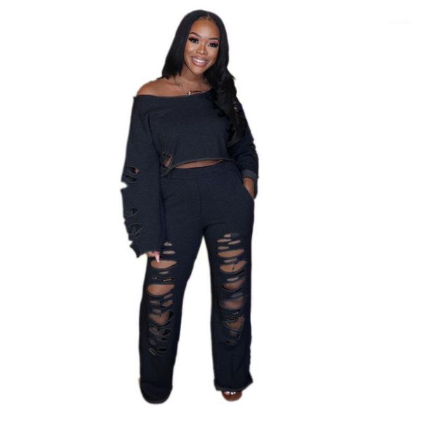 

women's tracksuits women set fashion suit 2021 o neck long sleeve hole crop high waist loose wide legs pants 2 two piece 3xl plus size, Gray